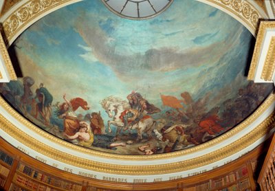 Attila (395-453) sjef for Huns-stammen, etterfulgt av hans barbariske horder overfylte Italia i 452 Fresco av Eugene Delacroix (1798-1863) som dekorerte kuppelen til nasjonalforsamlingens bibliotek (Palais Bourbon) 1843 Paris av Ferdinand Victor Eugene Delacroix