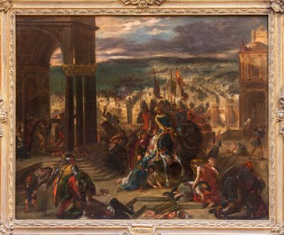 Capture of Constantinople by the Croises, Maleri av Eugene Delacroix (1798-1863), som viser den historiske begivenheten 12. april 1204, under det 4. korstoget, redusert versjon og variant av maleriet av Salongen fra 1841, bestilt av Louis Philippe for av Ferdinand Victor Eugene Delacroix