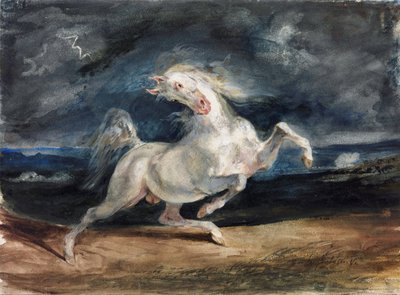 Hest skremt av lynet - Hest skremt av lynet - Delacroix, Eugene (1798-1863) - 1825-1829 - Akvarell, Gouache på papir - 23,6x32 - Szepmuveszeti Muzeum, Budapest av Ferdinand Victor Eugene Delacroix