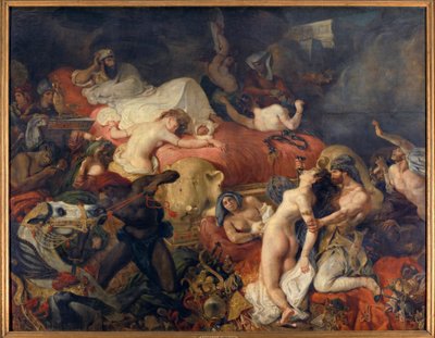 Sardanapales død. Sardanapale, assyrisk konge som ble beleiret av opprør, fikk sine koner og hester slaktet før han drepte seg selv. Maleri av Eugene Delacroix (1798-1863) av Ferdinand Victor Eugene Delacroix