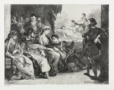 Hamlet: Hamlet befaler skuespillerne å gjøre en scene fra farens forgiftning, 1834. av Ferdinand Victor Eugene Delacroix