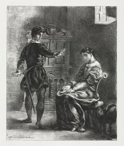 Hamlet: Hamlet og Ophelia, 1834. av Ferdinand Victor Eugene Delacroix