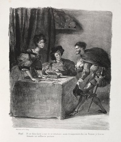 Illustrasjoner for Faust: Méphistophelés er i Marthe, 1828. av Ferdinand Victor Eugene Delacroix