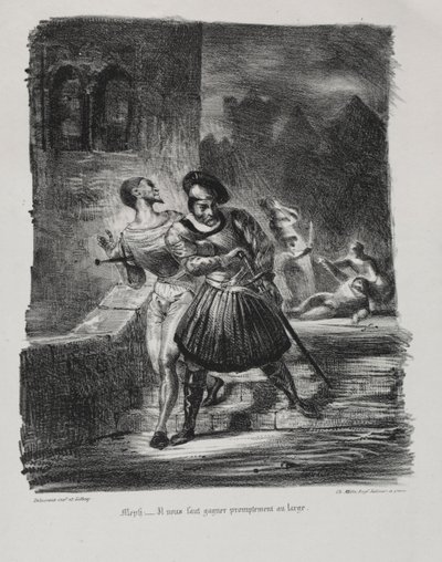 Illustrasjoner for Faust: Mephistopheles og Faust flykter etter duellen, 1828. av Ferdinand Victor Eugene Delacroix