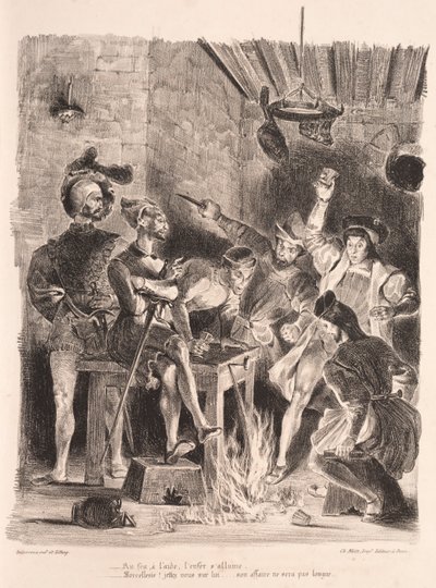 Illustrasjoner for Faust: Méphistophélés i studentenes taverna, 1828. av Ferdinand Victor Eugene Delacroix