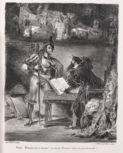 Illustrasjoner for Faust: Méphistophélés besøker Faust, 1828. av Ferdinand Victor Eugene Delacroix