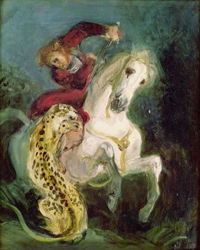 Jaguar angriper en rytter, ca. 1855 av Ferdinand Victor Eugene Delacroix