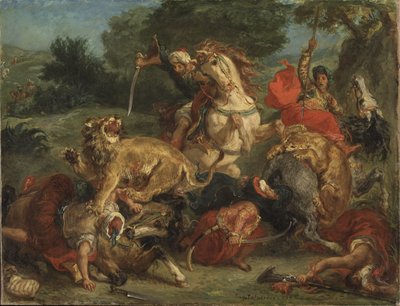 La chasse au lion - Løvejakten, av Delacroix, Eugene (1798-1863). Olje på lerret av Ferdinand Victor Eugene Delacroix
