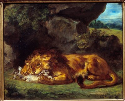Løve som slår en kanin. Maleri av Eugene Delacroix (1798-1863) av Ferdinand Victor Eugene Delacroix