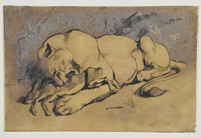 Løvinne som sluker en kanin (penn og blekk med rødlig vask på brunt papir) av Ferdinand Victor Eugene Delacroix