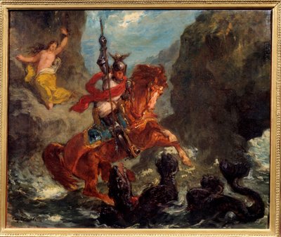 Roger delivrant Angelique (Angelica) levert til et monster av pirater blir befridd av Roger (Ruggero, Ruggiero) rir på en hippogriffe - Illustrasjon for "The Furious Roland"" (Orlando Furioso) av Ludovic Ariosto (Arioste) - Maleri av Eugene Delacroix ( av Ferdinand Victor Eugene Delacroix