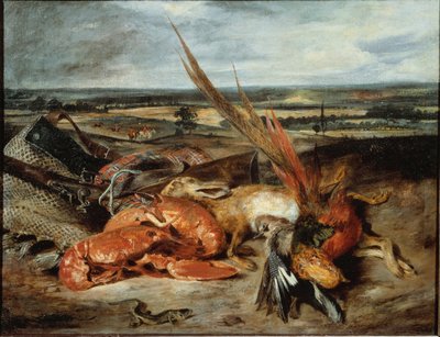Stilleben med hummer og trofeer for jakt og fiske - olje på lerret av Ferdinand Victor Eugene Delacroix