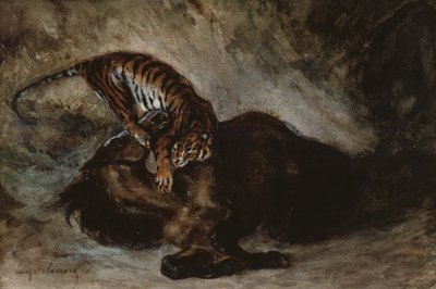 Tiger angriper en hest (wc på papir) av Ferdinand Victor Eugene Delacroix