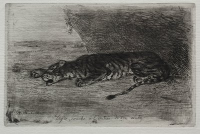 Tiger som ligger ved inngangen til hiet. av Ferdinand Victor Eugene Delacroix