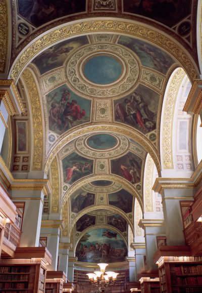 Utsikt over bibliotekets tak med forgylt stukkatur som omgir spandeller som illustrerer bibelske og klassiske scener, 1844 av Ferdinand Victor Eugene Delacroix