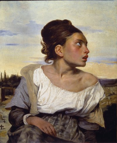 Ung foreldreløs på kirkegården - olje på lerret av Ferdinand Victor Eugene Delacroix