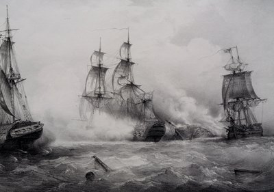 Kamp mellom britiske og amerikanske tredjerangs seilskip med 74 kanoner, litografi av Ferdinand Perrot av Ferdinand Victor Perrot