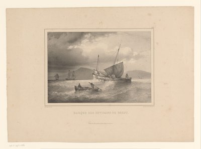 Strandet brigg mellom de høye bølgene Murstein a la cote (tittel på objekt) Naval Studies av Ferdinand Victor Perrot (serietittel) av Ferdinand Victor Perrot