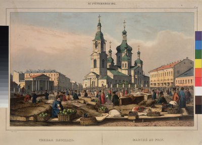 Hay Market og Cathedral of the Assumption of the Mother of God, i St. Petersburg. Verk av Ferdinand Victor Perrot (1808-1841), litografi og akvarell på papir av Ferdinand Victor Perrot