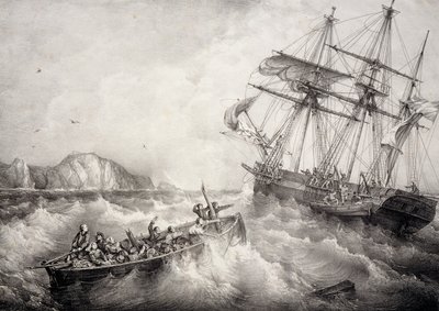 Redning av mannskapet på bretonsk fiskebåt av det svenske skipet Le Neptune, Litografi av Ferdinand Perrot av Ferdinand Victor Perrot