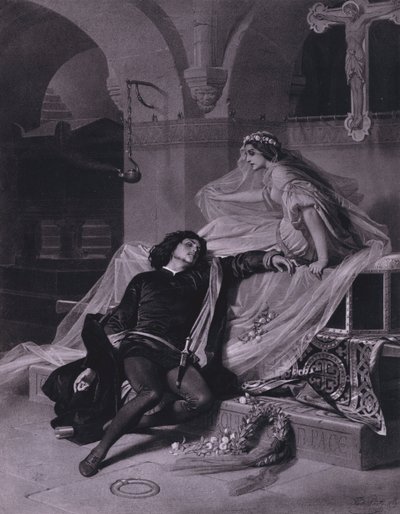 Scene fra Shakespeares Romeo og Julie (akt V, scene 3) (lito) av Ferdinand the Elder Piloty