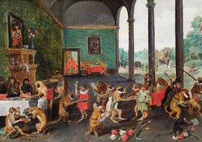 En apefest (olje på panel) av Ferdinand van Kessel