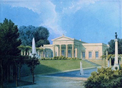 Utsikt over Charlottenhof fra hagen, 1855 (penn og blekk og wc på papir) av Ferdinand von Arnim