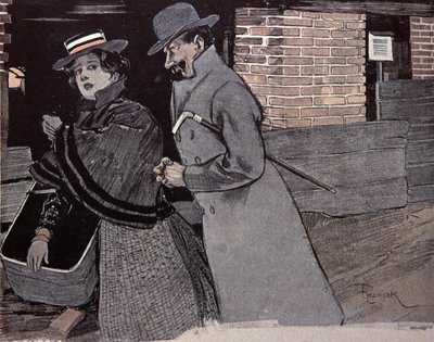Mann trakasserer en ung kvinne. Illustrasjon av F. Von Reznicek i: Simplicissimus, Tyskland av Ferdinand von Reznicek