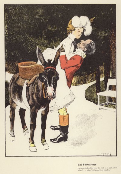 Mann hjelper en kvinne å stige av et esel (farge litho) av Ferdinand von Reznicek