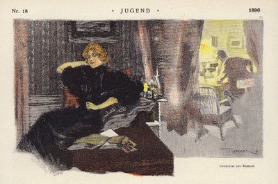 Kvinne hjemme om kvelden (farge litho) av Ferdinand von Reznicek