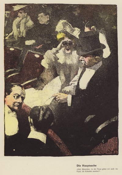 Kvinne ser gjennom et par operabriller på teatret (farge litho) av Ferdinand von Reznicek
