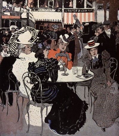 Kvinne snakker ved et bord utenfor en kafé. Illustrasjon av Von Reznicek i: Simplicissimus, Tyskland av Ferdinand von Reznicek