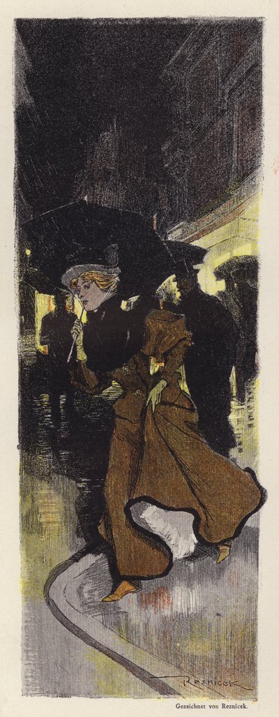 Kvinne som går på en regnfull gate om natten (farge litho) av Ferdinand von Reznicek