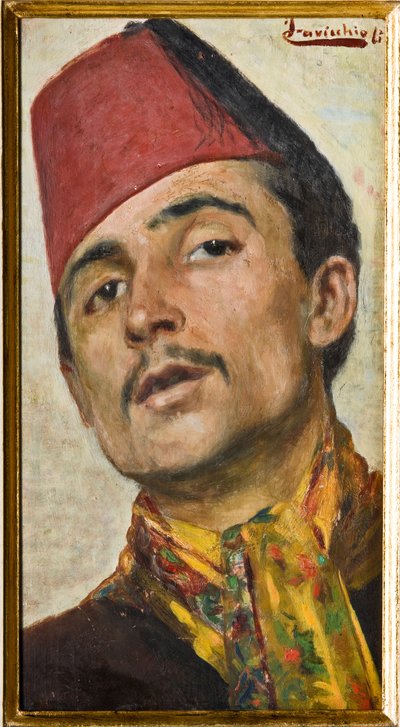 Mann iført fez (olje om bord) av Ferdinando Cavicchioli