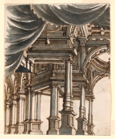 Scenedesign: Palace Atrium støttet av søyler og søyler av Ferdinando Galli Bibiena