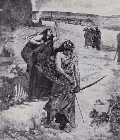 Istidsmann lærer å jakte med pil og bue (litho) av Fernand (after) Cormon