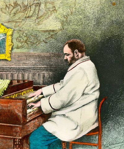 Portrett av Emile Zola (1840-1902) som spiller orgel. Gravering av Desmoulin (1800-tallet). Coll. Kom deg ut. av Fernand Desmoulin