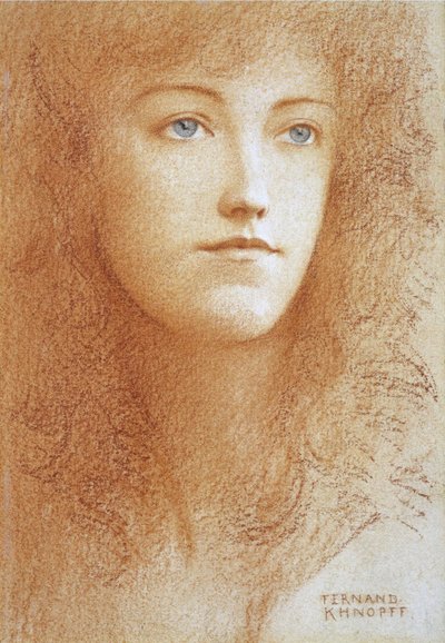 ""Portrett av en ung engelsk kvinne"" Sanguine på papir av Fernand Khnopff (1858-1921) Cirka 1890 privat samling av Fernand Khnopff
