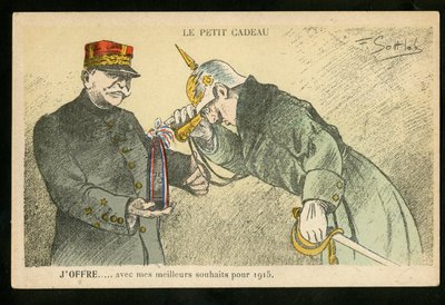 Postkort, satirisk i farger, ca. 1914_12: En liten gave jeg tilbyr med mine beste ønsker for 1915 - War of 14 -18, Canons, shells - William II, Joffre Illustrasjon av Gottlob (1873-1935) av Fernand Louis Gottlob