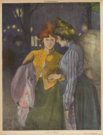 To vaskekvinner slår av en prat (fargelitho) av Fernand Louis Gottlob