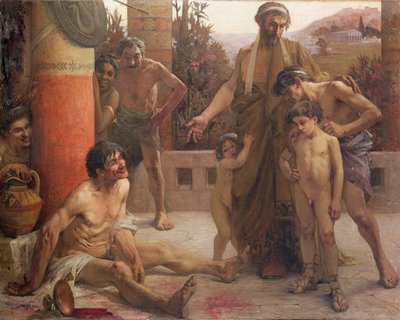En spartaner peker ut en beruset slave til sønnene sine av Fernand Sabbate