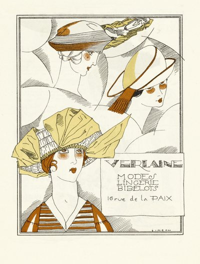 Annonse for Verlaine, Modes, Undertøy, Bibelots, pub. 1914 (stensiltrykk) av Fernand Siméon