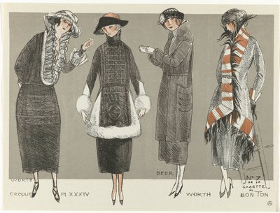Gazette du Bon Ton, 1920 - nr. 7, Croquis Pl XXXIV: Worth / Beer / Worth (tittel på objekt) av Fernand Siméon