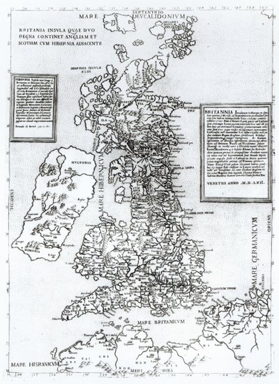 Storbritannias øy som inneholder kongedømmene England og Skottland ved siden av Irland, gravert av Paulo Forlani, 1562 (kobberstikk) av Fernando Bertelli