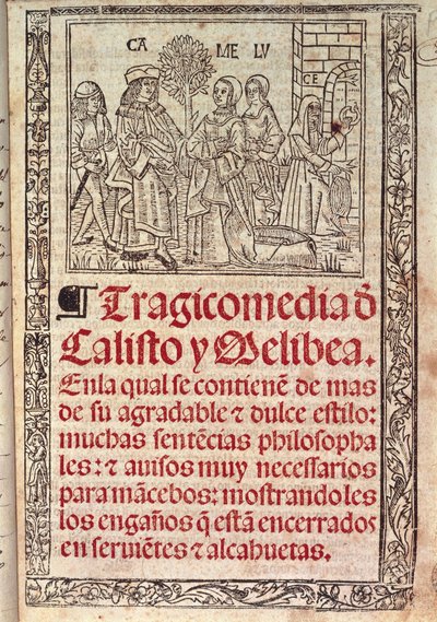 Miniatyr på pergament på omslaget til The Celestina eller The Tragicomedy of Callisto and Melibea, utgitt i av Fernando de Rojas