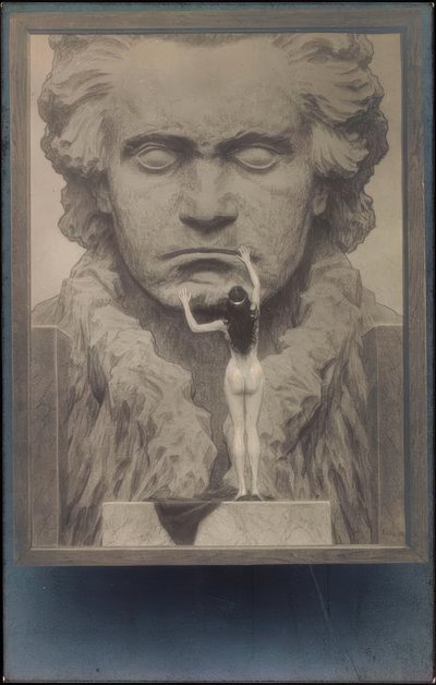 Sett bakfra av en handling foran et portrett av Beethoven av Fidus