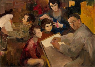 Selvportrett med familie - Maleri av Filipp Andreyevich Maliavin (Maliavine) (eller Andreyevich Malyavin) (1869-1940), olje på lerret (46,5x64,5 cm), russisk kunst, slutten av 1800-begynnelsen av 1900-tallet - Privat samling av Filipp Andreevich Maliavin