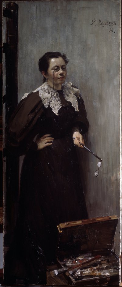 Portrett av kunstneren Anna Ostroumova Lebedeva (Ostroumova-Lebedeva) (1871-1955) (Portrett av kunstneren A. Ostroumova). Representert bak maleutstyret hennes, med kikkert på nesen og et annet par i hånden. Maleri av Filipp And av Filipp Andreevich Maliavin