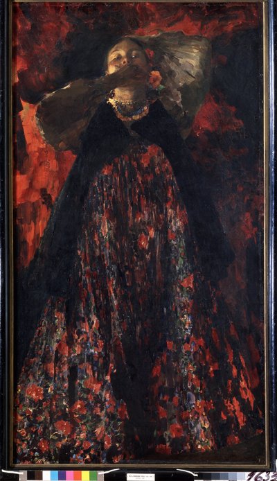 En jente (En jente). En bondekvinne i tradisjonell drakt. Maleri av Filipp Andreevich Maliavin (Maliavine) (eller Andreyevich Malyavin) (1869-1940), olje på lerret av Filipp Andreevich Maliavin