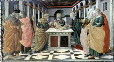 Presentasjonen i tempelet, predellapanel til Fødselsaltertavlen i Museo Civico av Filippino (and workshop) Lippi